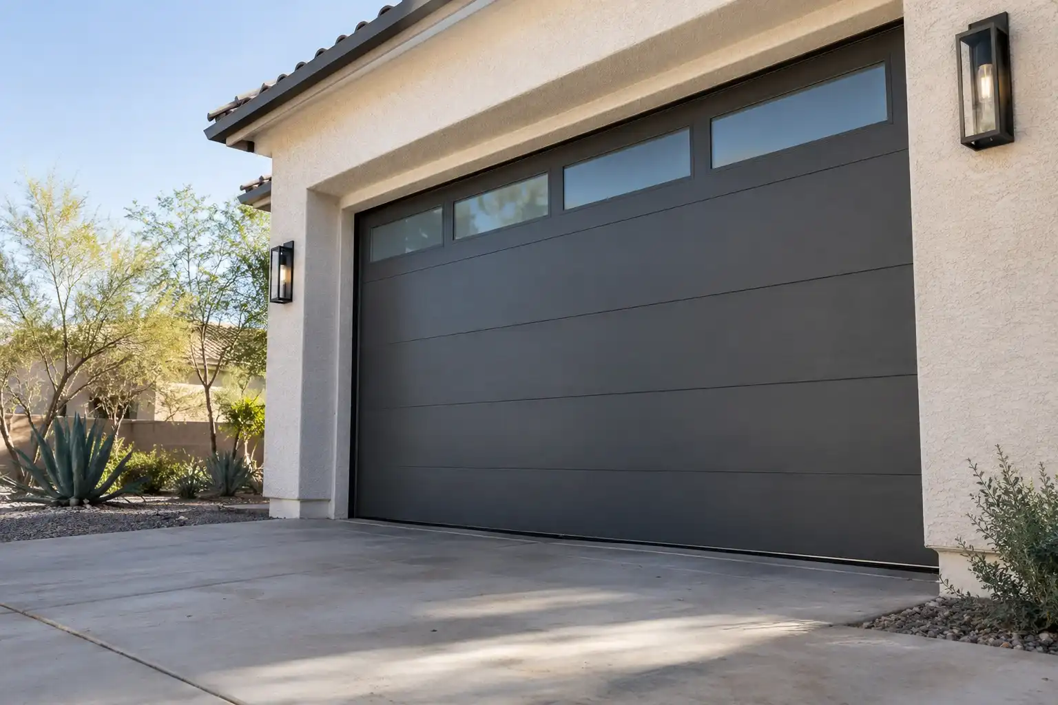 Modern white stucco home with a charcoal flush panel garage door and a row of frosted windows