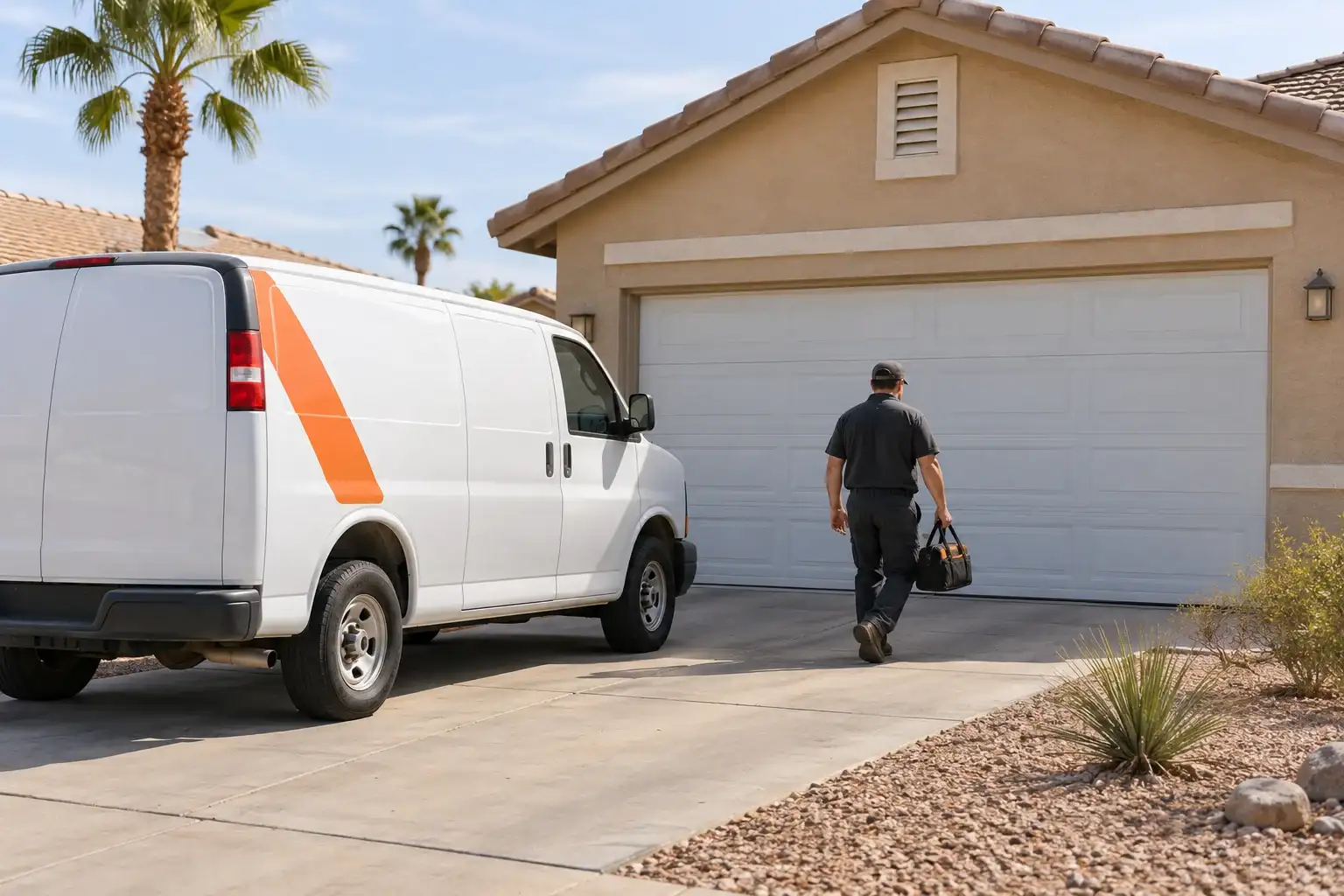 White service van with an orange stripe parked in a driveway beside a garage