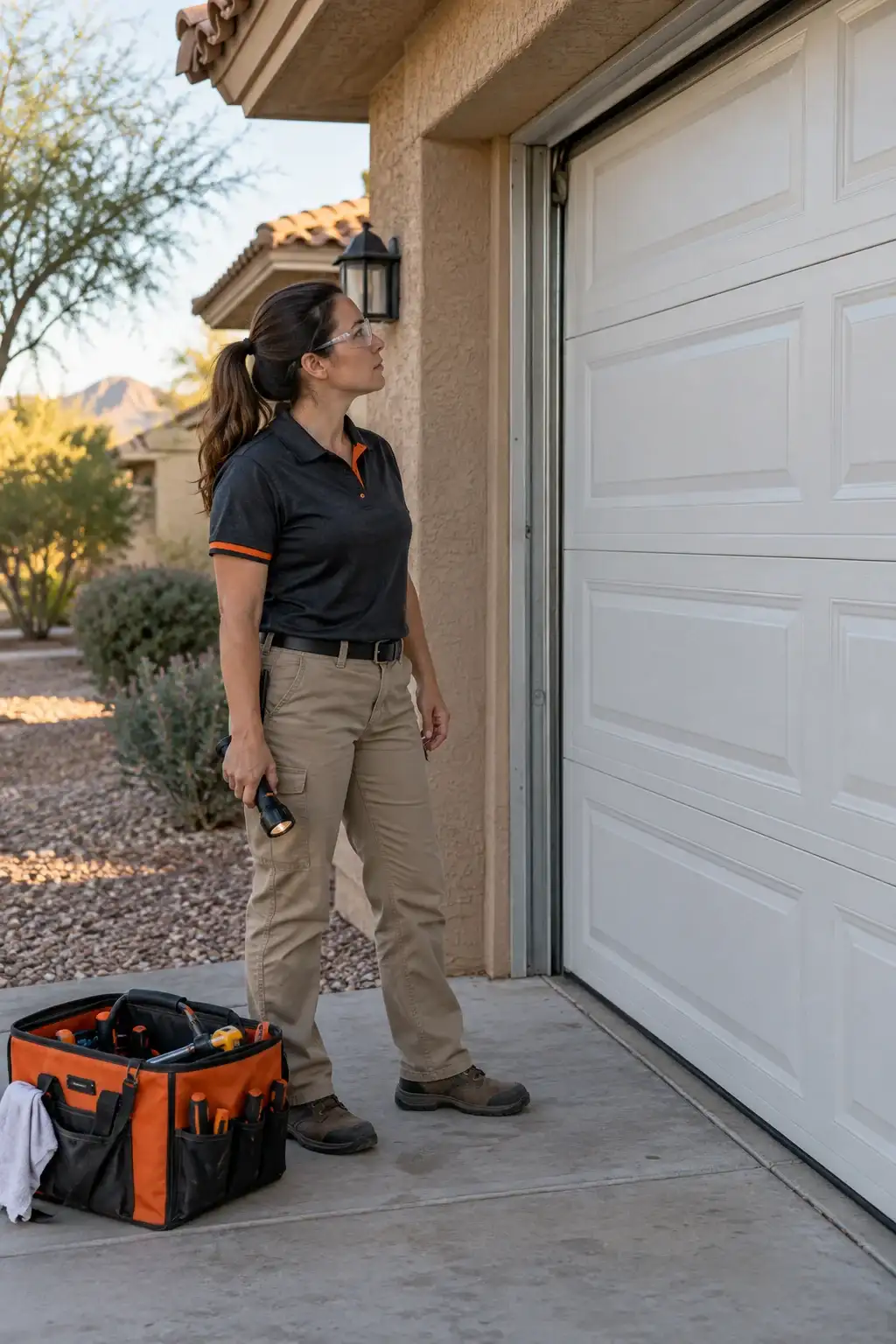 Technician standing beside a closed white garage door with an orange tool bag